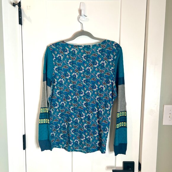 Sundance Sharrar Teal Paisley Contrast Cuff Mixed Print Knit Top Size Medium - Picture 7 of 7